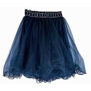 Navy Blue Tulle Mini Skirt Sz XS Hand Beaded Jeweled Waist Prom Glam Party
